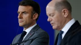 Le président français Emmanuel Macron et le chancelier allemand Olaf Scholz le 15 mars 2024 à Berlin