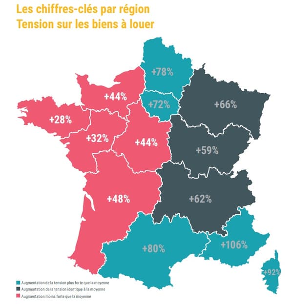 Tension sur les biens à louer par région en 2022 par rapport à 2021 Tension sur les biens à louer par région en 2022 par rapport à 2021