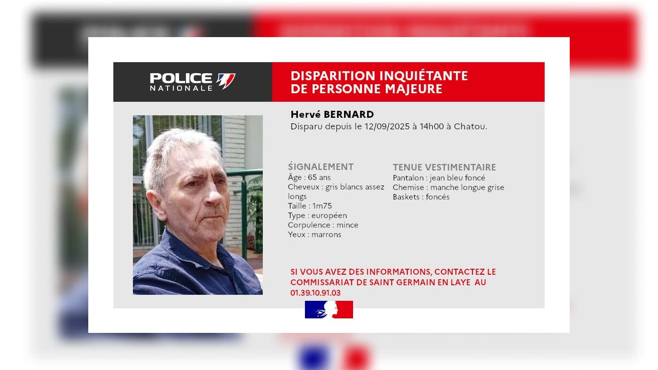 YVELINES: LA POLICE LANCE UN AVIS DE RECHERCHE APRÈS LA DISPARITION INQUIÉTANTE D'UN HOMME DE 65 ANS