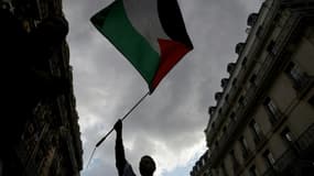 Un manifestant brandit un drapeau palestinien lors d'une rassemblement organisé par l'organisation française "France Palestine Solidarité" à Paris, le 27 mai 2024