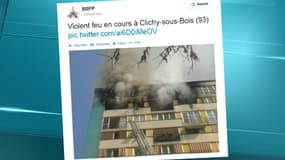 L'immeuble où le feu s'est déclenché, allée Jean-Mermoz à Clichy-sous-Bois, ce jeudi. Photo postée sur le compte Twitter de la Brigade des sapeurs-pompiers de Paris (BSPP).