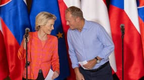 La présidente de la Commission européenne Ursula von der Leyen et le Premier ministre polonais Donald Tusk lors d'une conférence de presse à Wroclaw (Pologne), le 19 septembre 2024 (photo d'illustration).