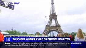  Dans les bouchons parisiens, les vélos dépassent les voitures et notamment autour du Trocadéro où les installations se multiplient avant l'arrivée des Jeux 