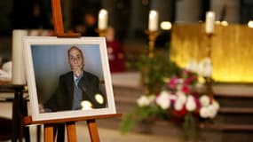 La photo du père Jacques Hamel, un prêtre de 85 ans assassiné par deux jihadistes lors de ses funéraille à la cathédrale de Rouen le 2 Aout 2016.  