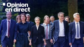 La délégation du Nouveau Front populaire, avec en son centre Lucie Castets, candidate du NFP à Matignon, à son arrivée à l'Elysée le 23 août 2024