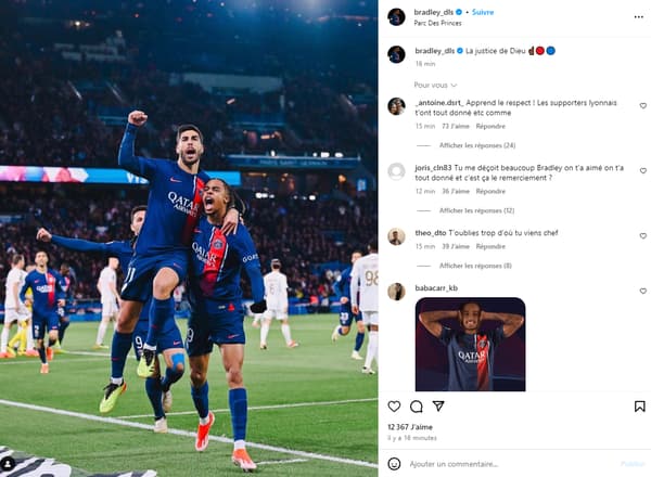 Le post Instagram de Bradley Barcola après la victoire du PSG face aux Lyonnais, 21 avril 2024