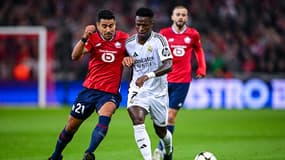 Benjamin André au duel avec Vinicius lors de Lille-Real Madrid (1-0, Ligue des champions), le 2 octobre 2024