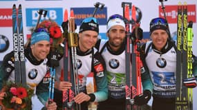 Simon Desthieux, Emilien Jacquelin, Martin Fourcade et Quentin Fillon Maillet, à Anteselva (Italie) le 22 février 2020