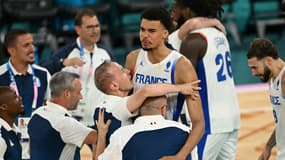 La joie des Bleus après leur victoire contre l'Allemagne, aux Jeux olympiques de Paris, le 08/08/2024