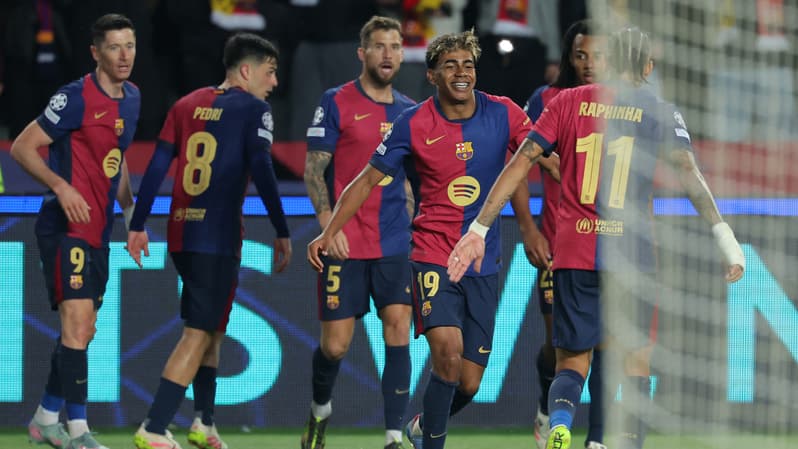 Lamine Yamal et les joueurs du Barça en quart de finale aller de Ligue des champions, 9 avril 2025