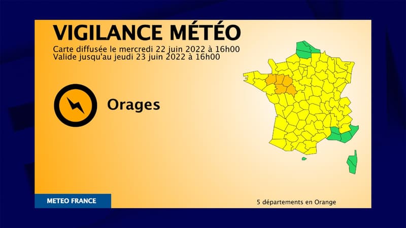 Cinq départements ont été placés en vigilance orange pour risque d'orages ce mercredi 22 juin