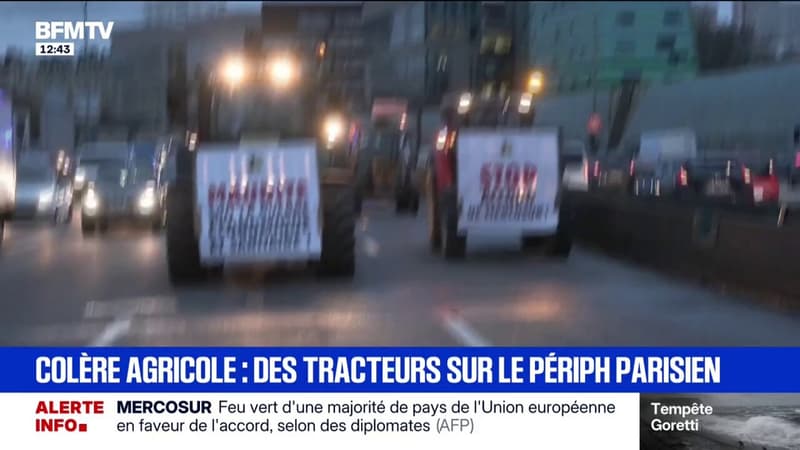 Colère agricole: les tracteurs de la Confédération paysanne sur le périphérique parisien