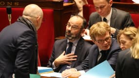 Edouard Philippe, Laurent Pietraszewski (de dos), Marc Fesneau et Nicole Belloubet à l'Assemblée nationale, le 14 janvier 2020