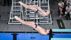 Les plongeurs britanniques Anthony Harding and Jack Laugher pendant une compétition en mai 2024