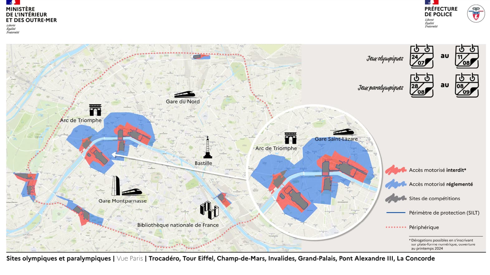La carte des périmètres de sécurité pendant la durée des JO 2024