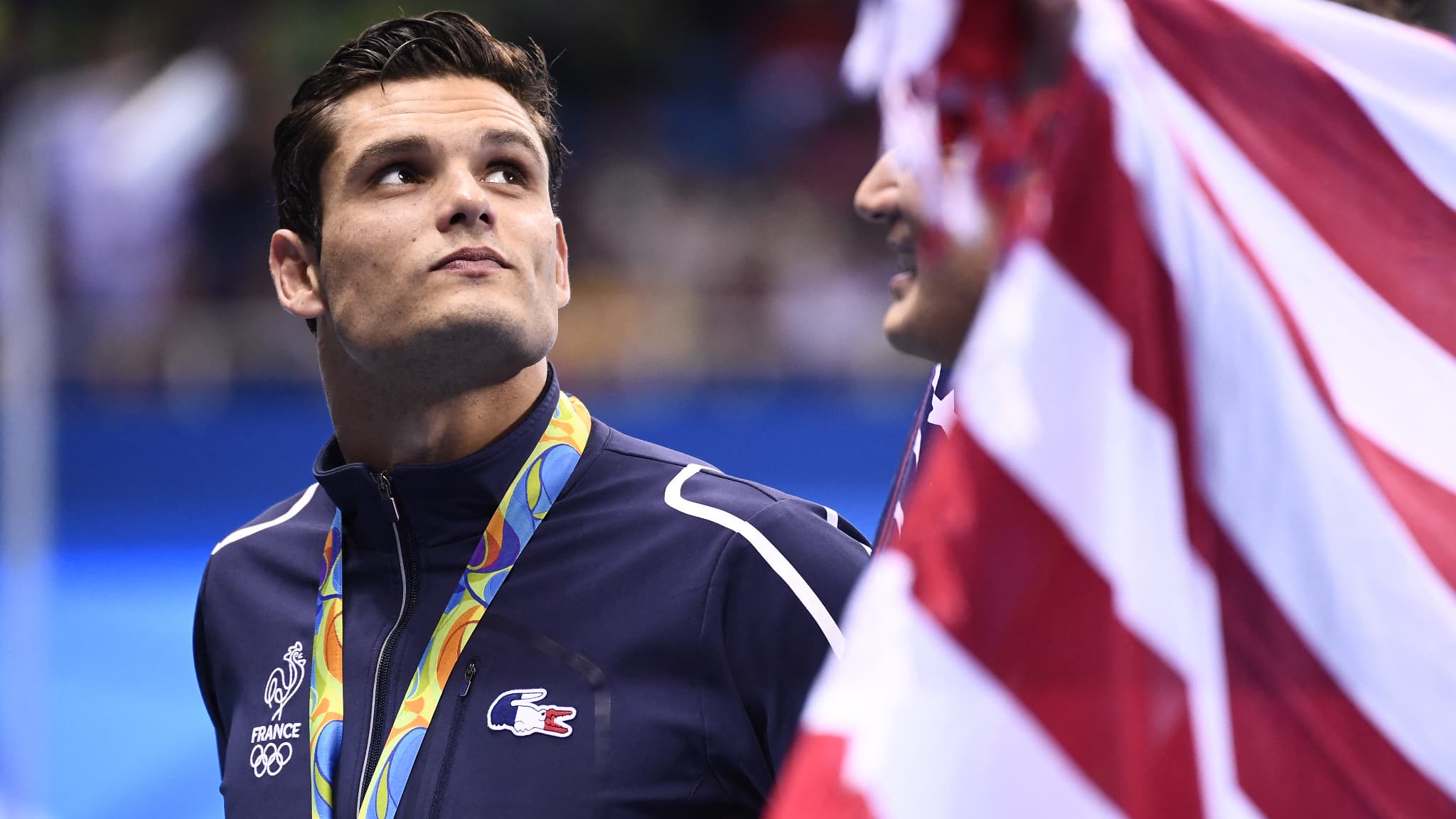 Florent Manaudou sur le podium du 50 mètres nage libre des Jeux de Rio en 2016
