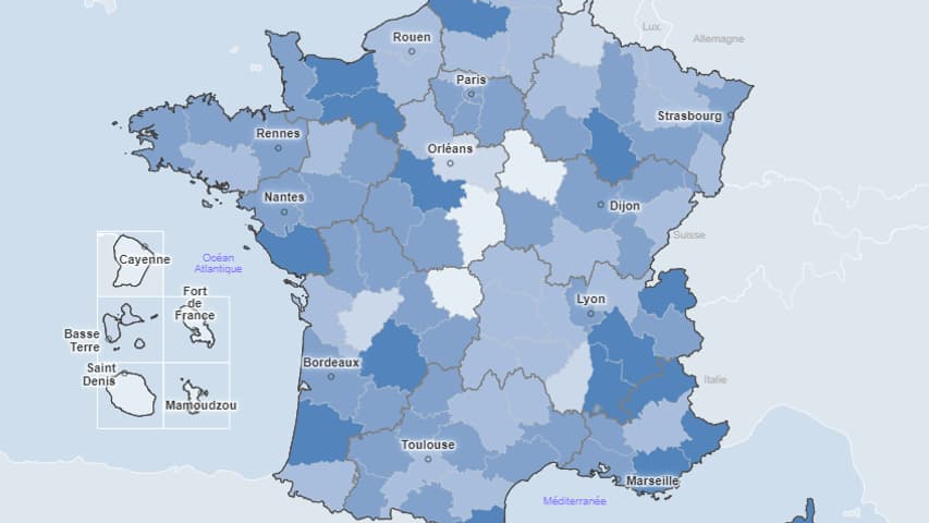 Taux de tests avec la présence de la mutation L452R, présente sur le variant Delta, au 6 juillet 2021 - Le bleu foncé représente un taux de 75% et plus, le bleu le plus claire moins de 10%. Taux de tests avec la présence de la mutation L452R, présente sur le variant Delta, au 6 juillet 2021 - Le bleu foncé représente un taux de 75% et plus, le bleu le plus claire moins de 10%.