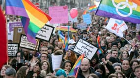 De nombreux drapeaux et slogans s'affichaient dans les rues de Paris pour défendre le "mariage pour tous".