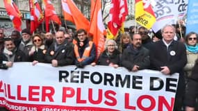 Le cortège de la manifestation contre la réforme des retraites à Paris, le 11 février 2023.