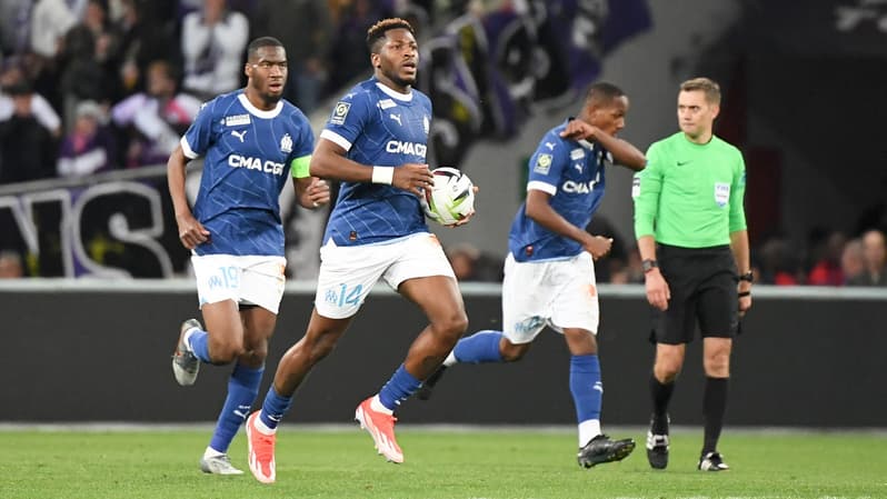 Faris Moumbagna après son but égalisateur à Toulouse, le 21 avril 2024.