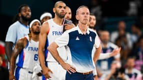 Le coach de l'équipe de France de basket Vincent Collet lors de la finale des JO de Paris 2024, 10 août 2024