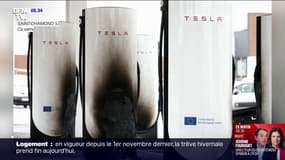 Dans la Loire, 12 superchargeurs Tesla incendiées sur le parking d'une grande surface 
