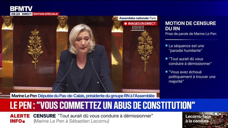 "Vous n'êtes plus appelés à gouverner", déclare Marine Le Pen, présidente du groupe RN à l'assemblée nationale
