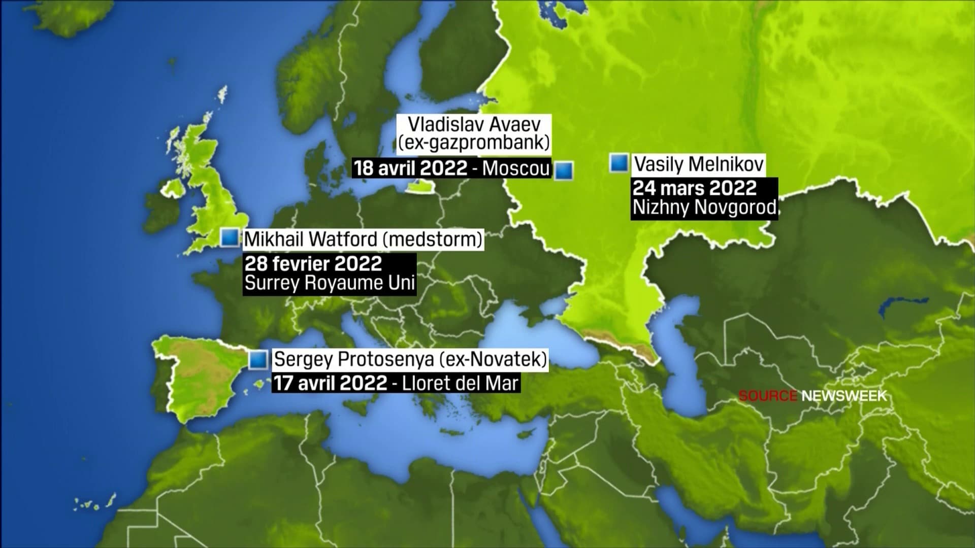 Carte indiquant la mort des différents oligarques depuis le 28 février. 