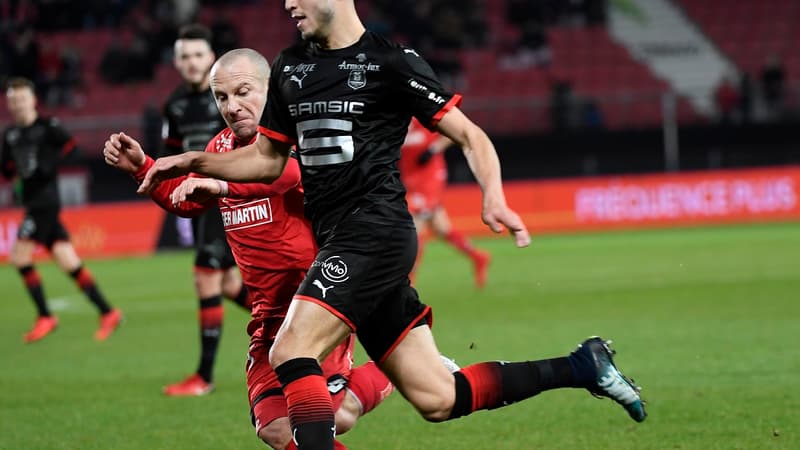 Bensebaini (Rennes) à la lutte avec Balmont, buteur du soir.