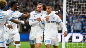 Mason Greenwood et Adrien Rabiot lors du match OM-Montpellier (5-1, L1), le 19 avril 2025