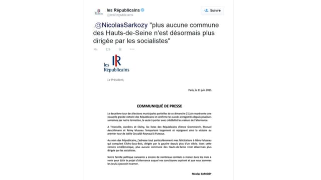 Le communiqué - avec erreur - de Nicolas Sarkozy