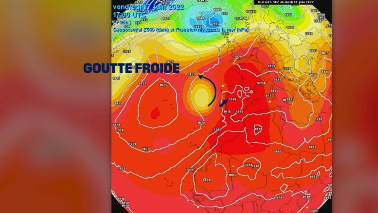 La goutte froide au large du Portugal, responsable de la plume de chaleur qui remonte sur la France La goutte froide au large du Portugal, responsable de la plume de chaleur qui remonte sur la France