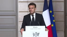 Emmanuel Macron lors d'une prise de parole à l'Élysée le 10 mars 2025