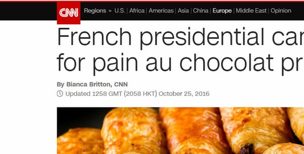 "Un candidat à la présidence française moqué pour sa 'gaffe' sur le prix du pain au chocolat", écrit CNN mardi 25 octobre 2016. "Un candidat à la présidence française moqué pour sa 'gaffe' sur le prix du pain au chocolat", écrit CNN mardi 25 octobre 2016.