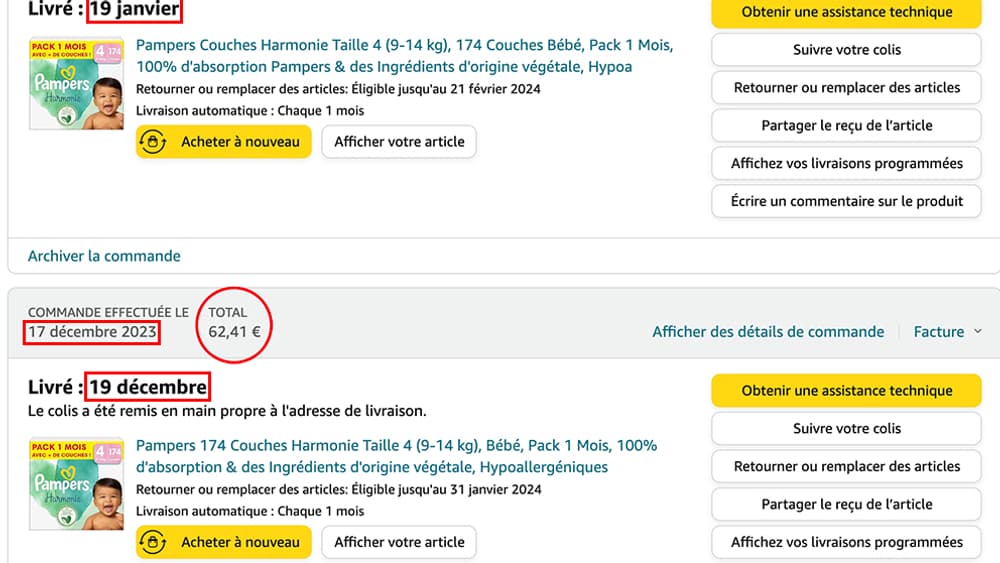 Informations liées à la commande par abonnement d'Amazon