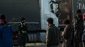 La gendarmerie face à plusieurs migrants sur l'A16 près de Calais, après qu'ils aient tenté de monter à bord de camions le 21 janvier 2016. -