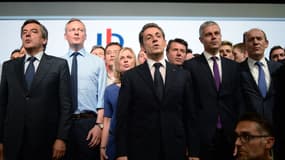 Le président des Républicains, Nicolas Sarkozy, en présence des cadres du parti Bruno Le Maire, Laurent Wauquiez et François Fillon.