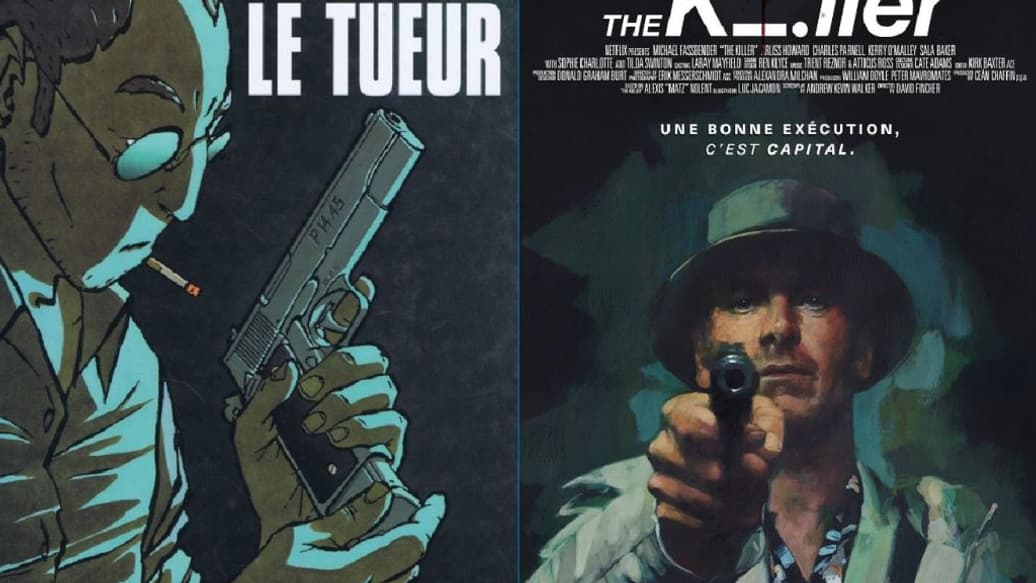 Couverture du premier tome de la BD "Le Tueur" et l'affiche de "The Killer", son adaptation cinématographique par David Fincher Couverture du premier tome de la BD "Le Tueur" et l'affiche de "The Killer", son adaptation cinématographique par David Fincher