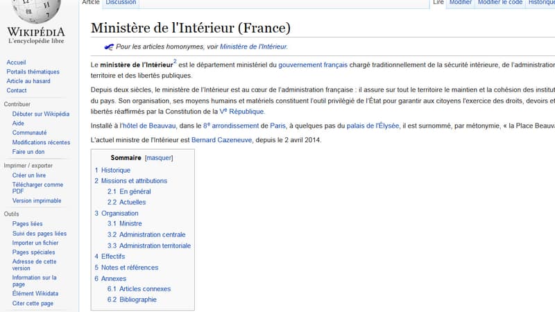La page Wikipedia du ministère de l'Intérieur (illustration)