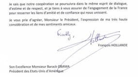 Extrait de la lettre de félicitations de François Hollande à Barack Obama