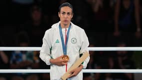 Imane Khelif lors de sa victoire aux Jeux olympiques de Paris, le 9 août 2024