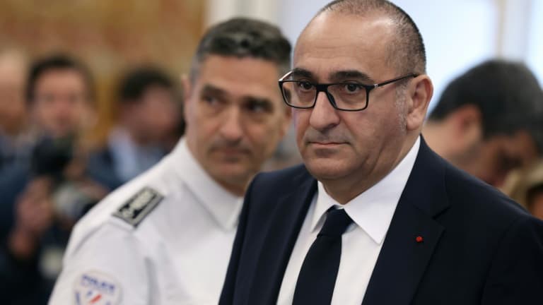 Le préfet de police Laurent Nuñez, lors de la conférence de presse du ministre de l'Intérieur Bruno Retailleau, dressant le bilan des ses six mois, Paris, 10 avril 2025