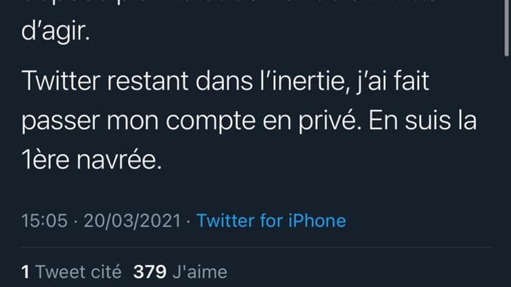 Le dernier message de Marlène Schiappa sur Twitter, le 20 mars 2021 