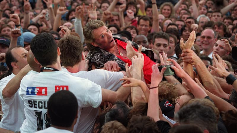 Le chanteur Johnny Hallyday est porté par le public du Parc des Princes, le 18 juin 1993 à Paris. 