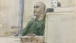 Croquis d'audience de Rédoine Faïd à l'ouverture de son procès le 5 septembre 2023, à Paris