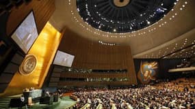 Amphithéâtre de l'Assemblée générale de l'Onu à son siège new-yorkais. Un comité de la Ligue arabe a décidé samedi de demander la reconnaissance par l'Onu d'un Etat de Palestine englobant la Cisjordanie et la bande de Gaza et avec Jérusalem-Est comme capi