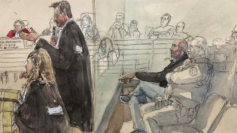 Croquis d'audience montrant Cédric Jubillar et ses avocats Alexandre Martin (C) et Emmanuelle Franck à son procès à la cour d'assises du Tarn, à Albi, le 23 septembre 2025