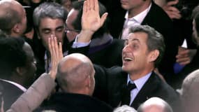 Nicolas Sarkozy pendant le meeting de campagne de la candidate UMP à Paris Nathalie Kosciusko-Morizet le 10 février 2014.