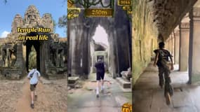 Des touristes reproduisent le jeu Temple Run à Angkor. 