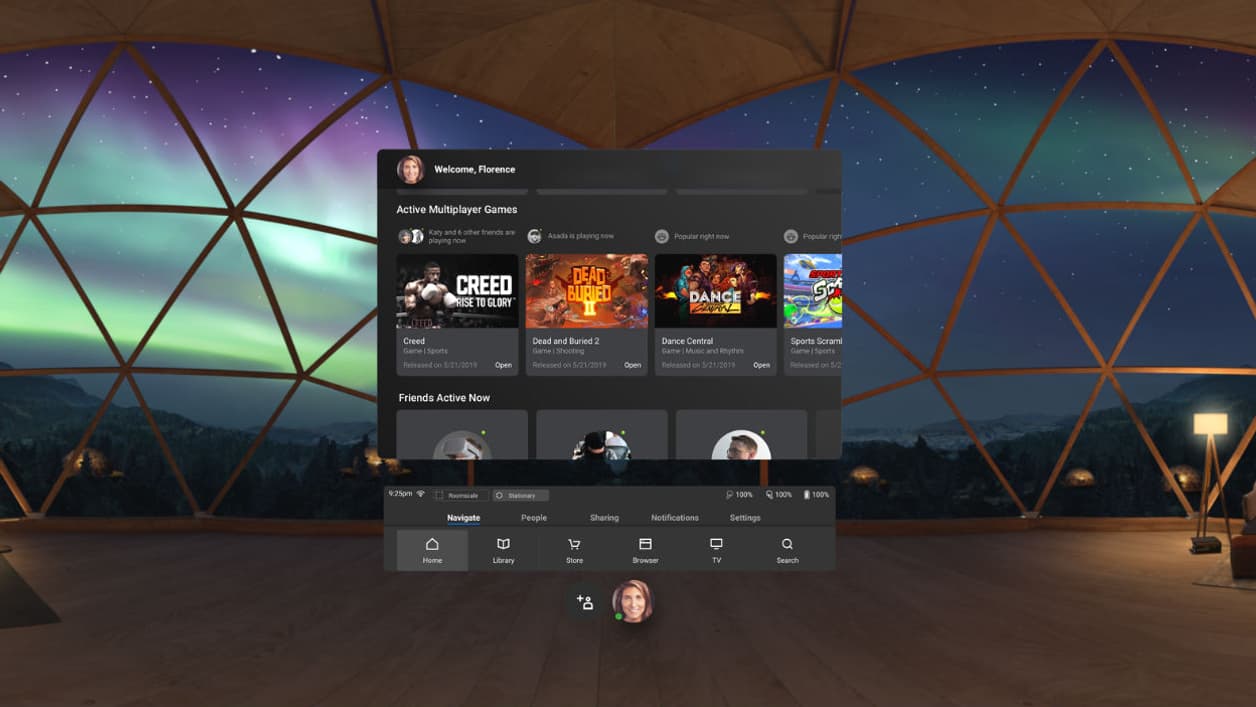 L'écran d'accueil de l'Oculus Quest